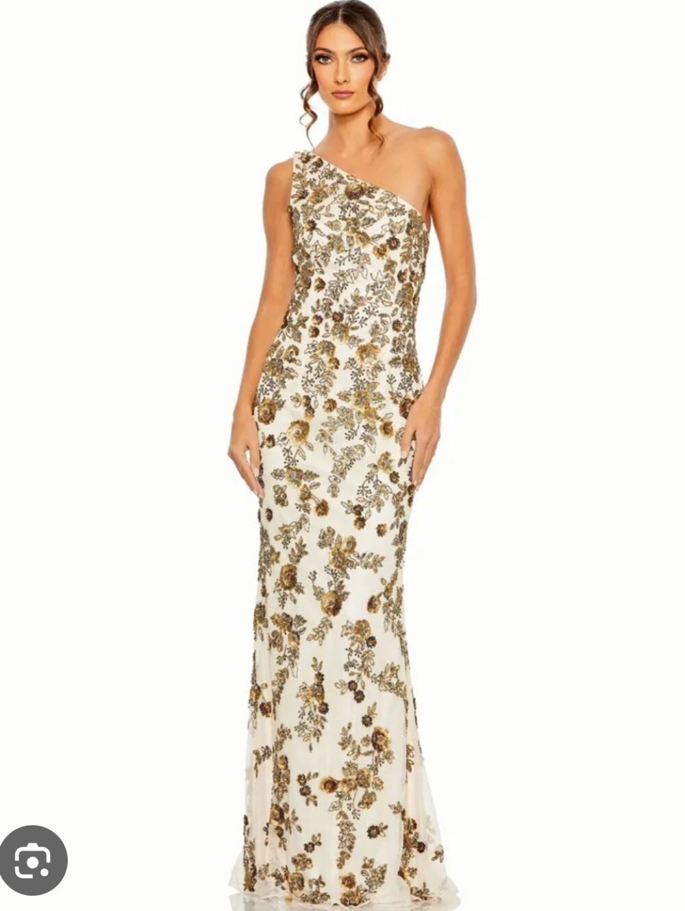 Mac Duggal 5955 One-Shoulder Floral Sequins Evening Gown White & Brown
